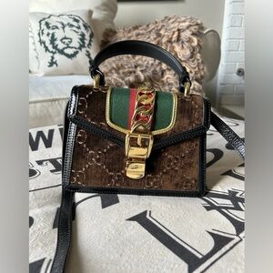 GUCCI Web Sylvie Mini Brown Velvet GG Purse/ Crossbody - MINT Condition